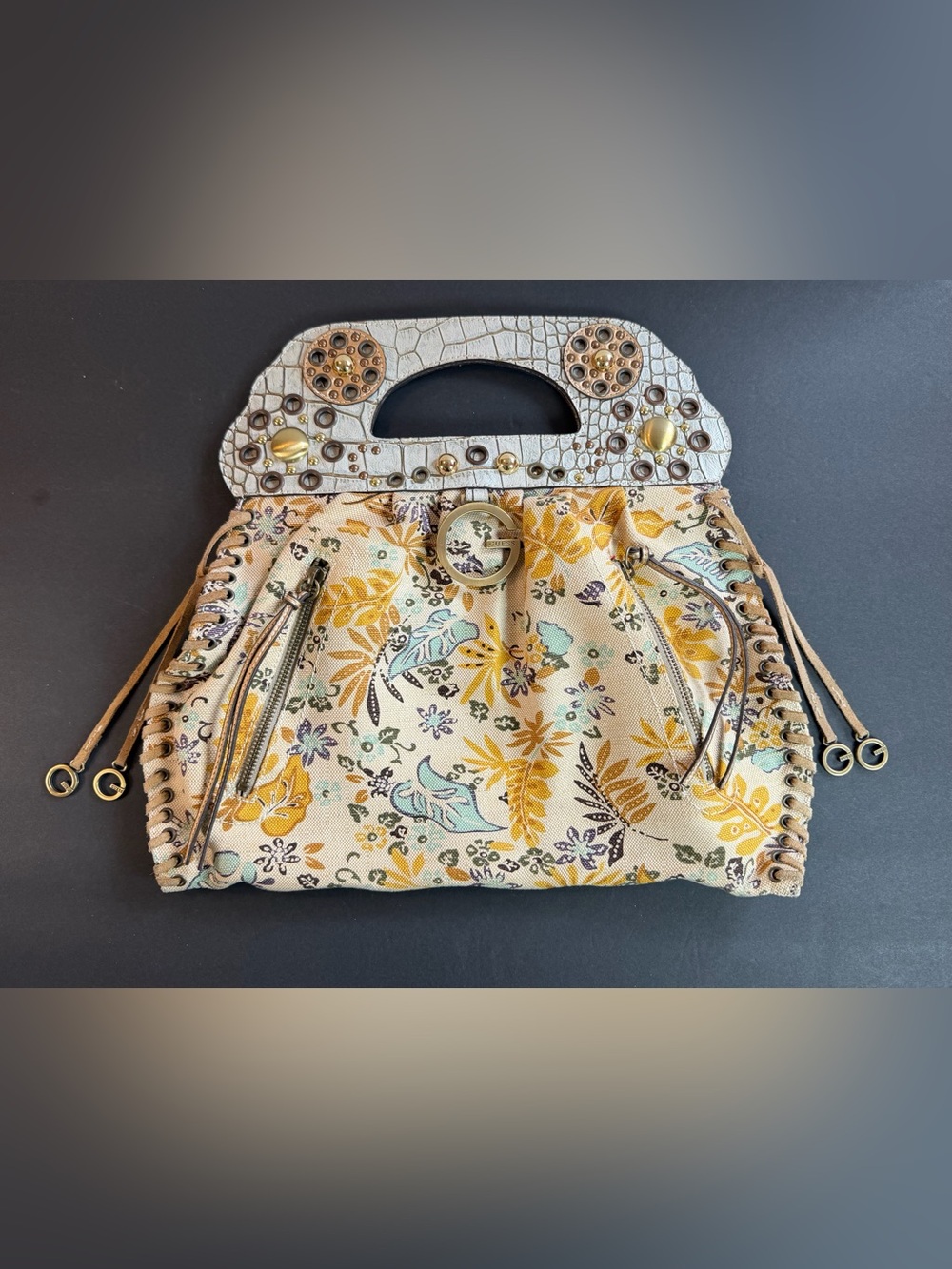 Guess Oasis Floral Canvas Frame Satchel Grommets Studs Y2K Handbag Purse GUC